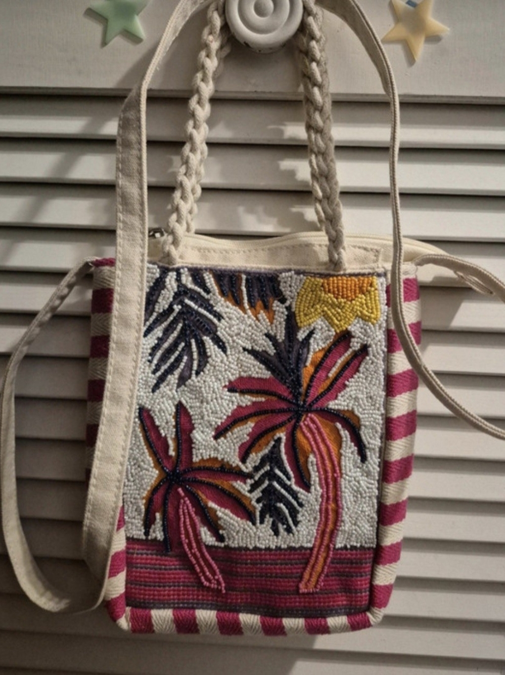 Beaded Palm Tree Canvas Crossbody Bag - Pink & Cream